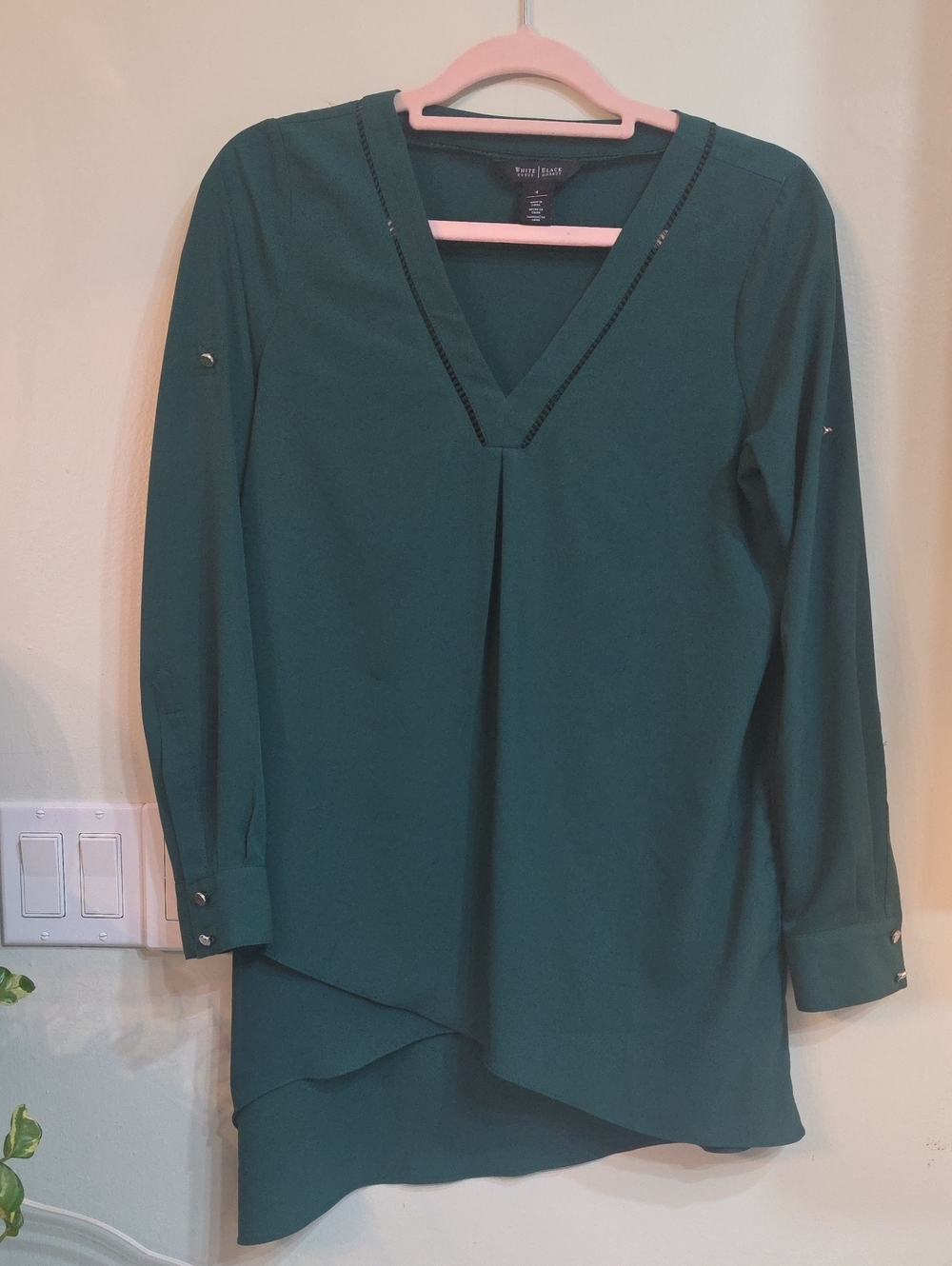 White House Black Market Deep Green V-Neck Layered Hem Blouse